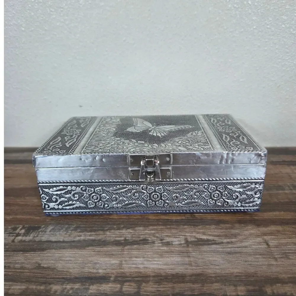Silver Plated Butterfly Floral Design Jewelry Box with Purple Velvet Lining